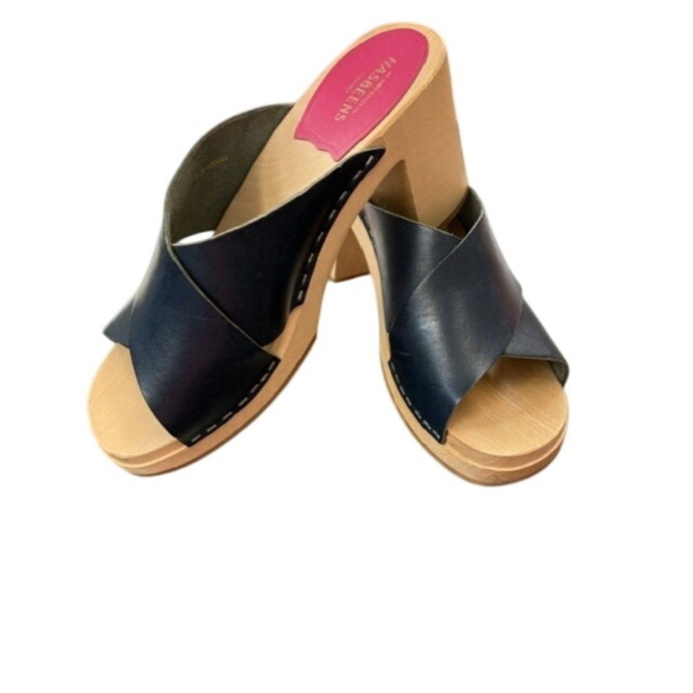 Swedish Hasbeens Cross Strap Wood Clogs Navy Blue Leather Mules Size 39